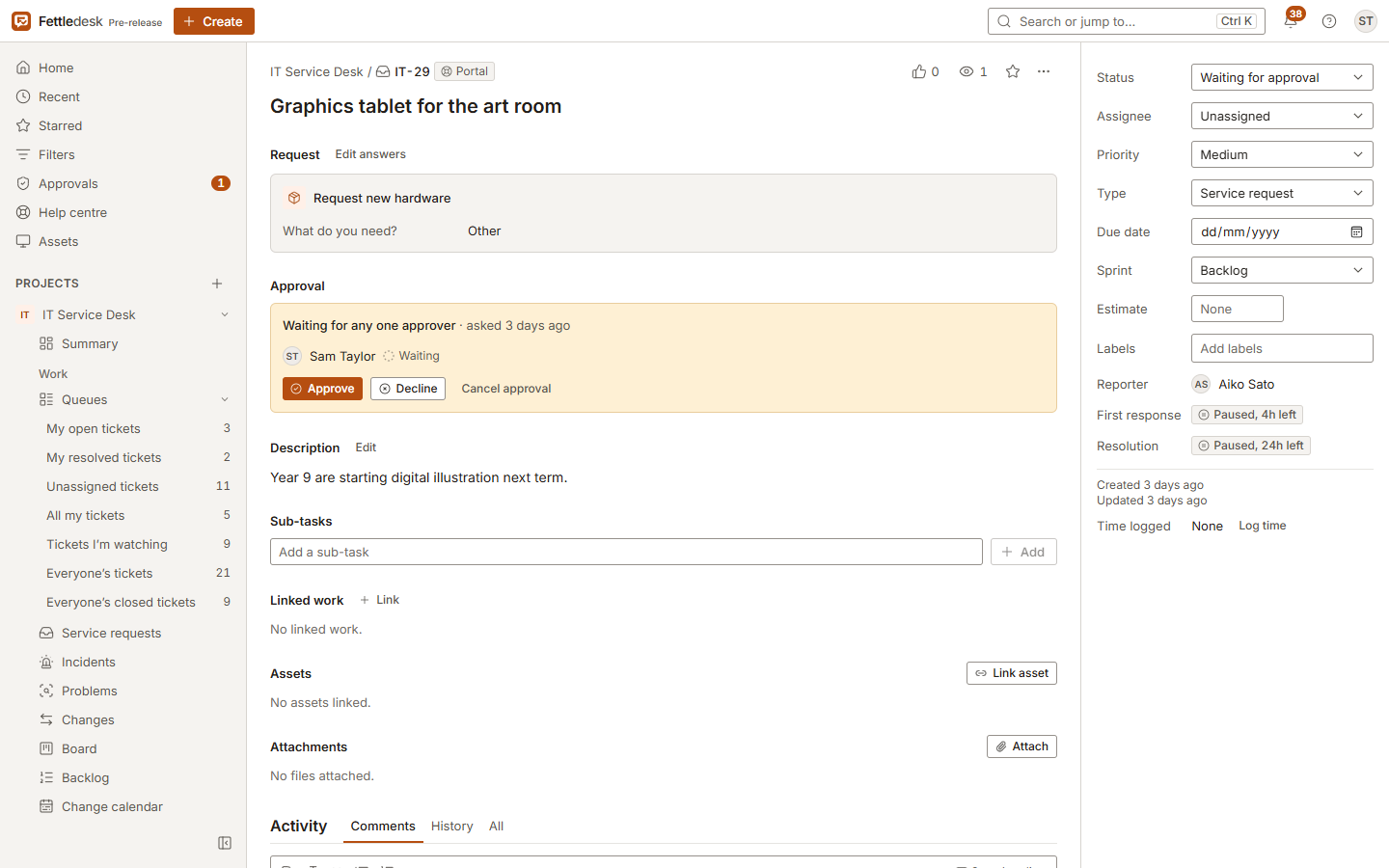 A request waiting for approval, with the approver's decision options.