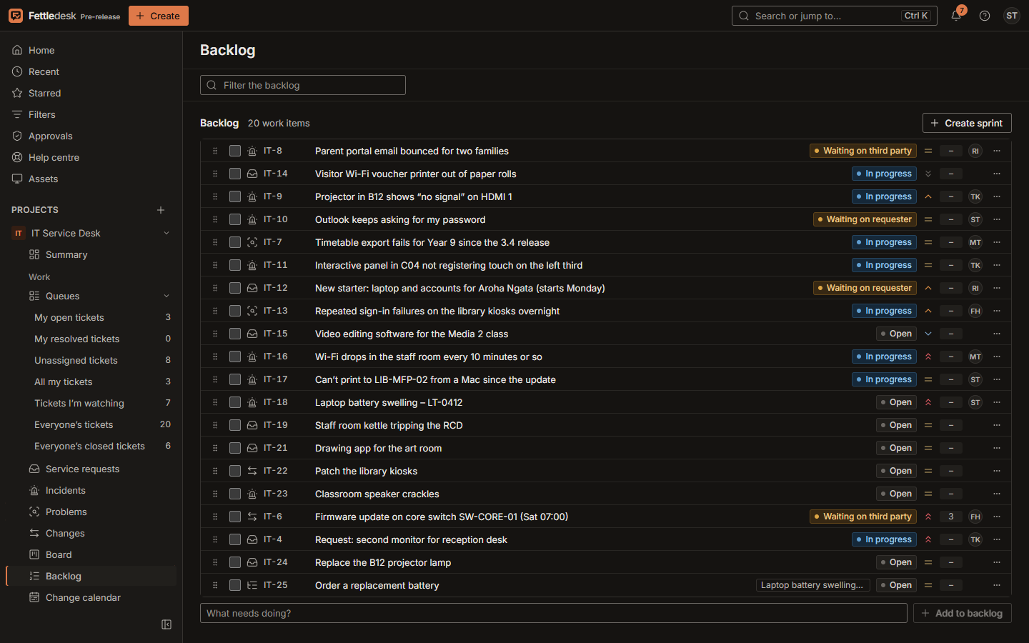 The backlog in the dark theme, with a running sprint above the ranked backlog.