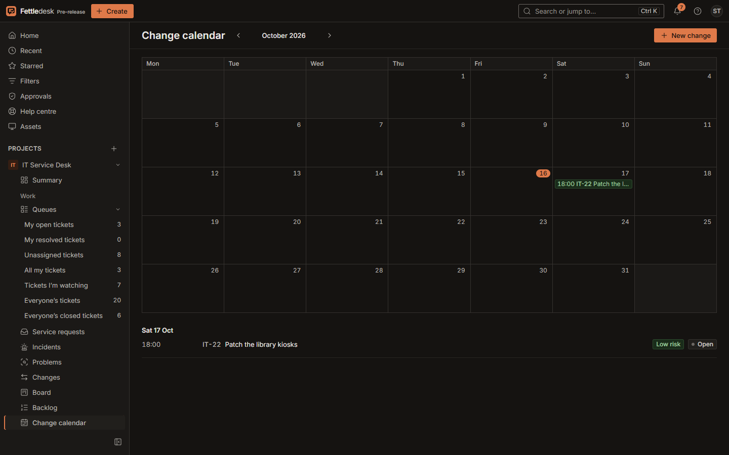 A month calendar of scheduled changes, in the dark theme.