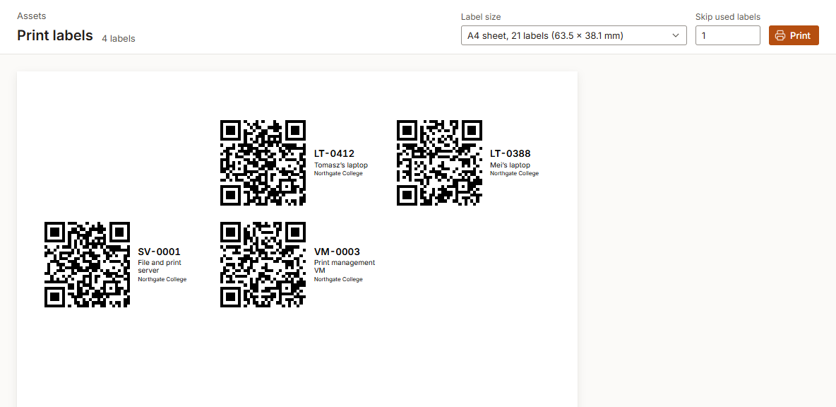 A sheet of printable QR labels, each with an asset tag and name.