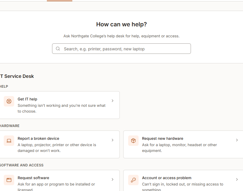 The help centre a customer sees, listing request types such as reporting a broken device.