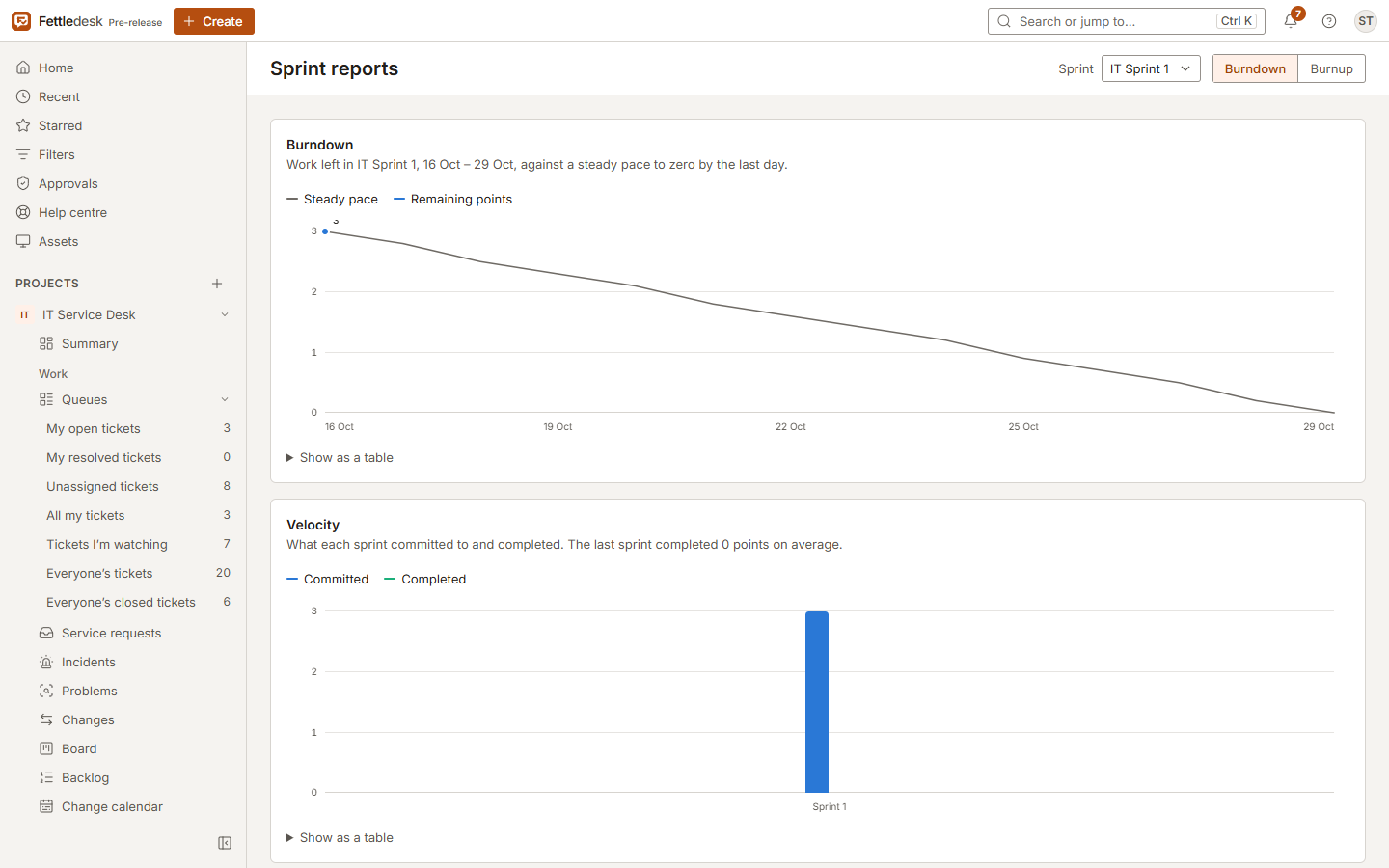 Sprint reports showing a burndown chart for the current sprint.